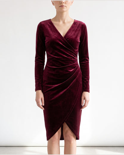 Velvet Wrap Midi Dress With Long Sleeves and V Neck in Burgundy