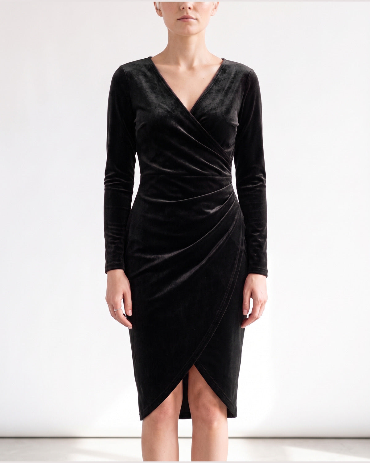 Velvet Wrap Midi Dress With Long Sleeves and V Neck in Black