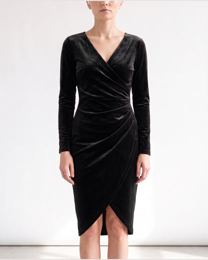Velvet Wrap Midi Dress With Long Sleeves and V Neck in Black