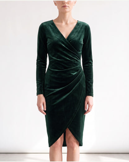 Velvet Wrap Midi Dress With Long Sleeves and V Neck in Dark Green
