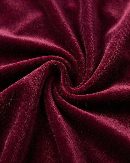 Velvet Wrap Midi Dress With Long Sleeves and V Neck - close-up detail (Burgundy)